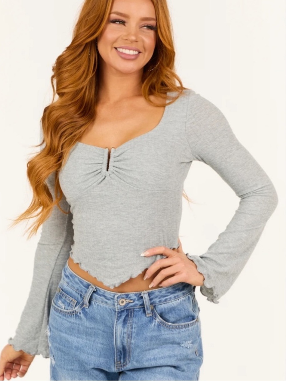 NWT Steele Light Gray Long Sleeve Ruched Crop Top